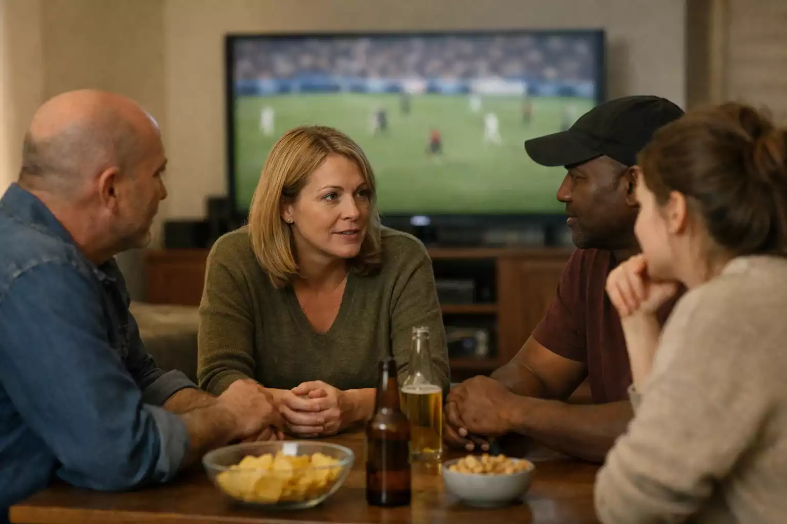 Group of football fans watching a match at a pub with drinks on the table