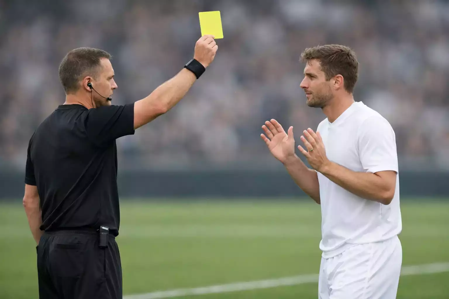 Football referee showing a card to a player during a heated match