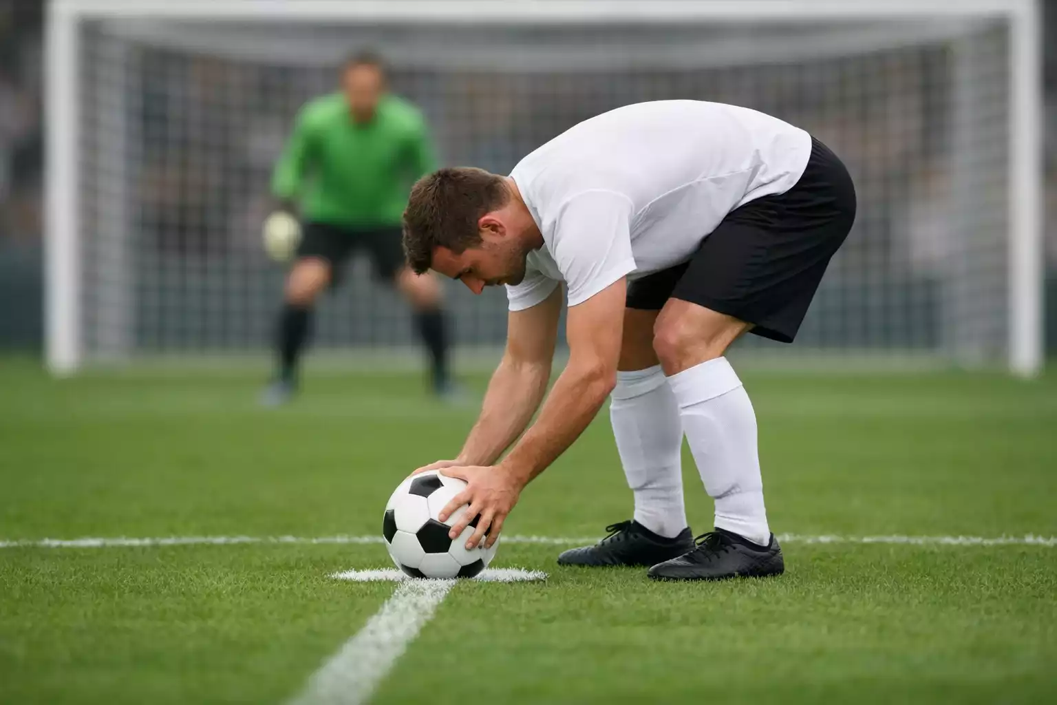 Football player placing the ball on the penalty spot preparing to take a kick