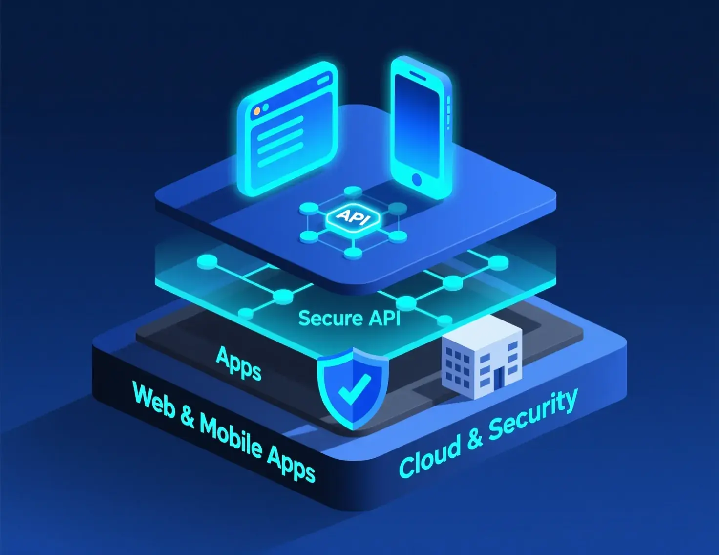 Layered technology stack architecture showing cloud infrastructure, databases, microservices, APIs, and frontend applications with 3D perspective visualization