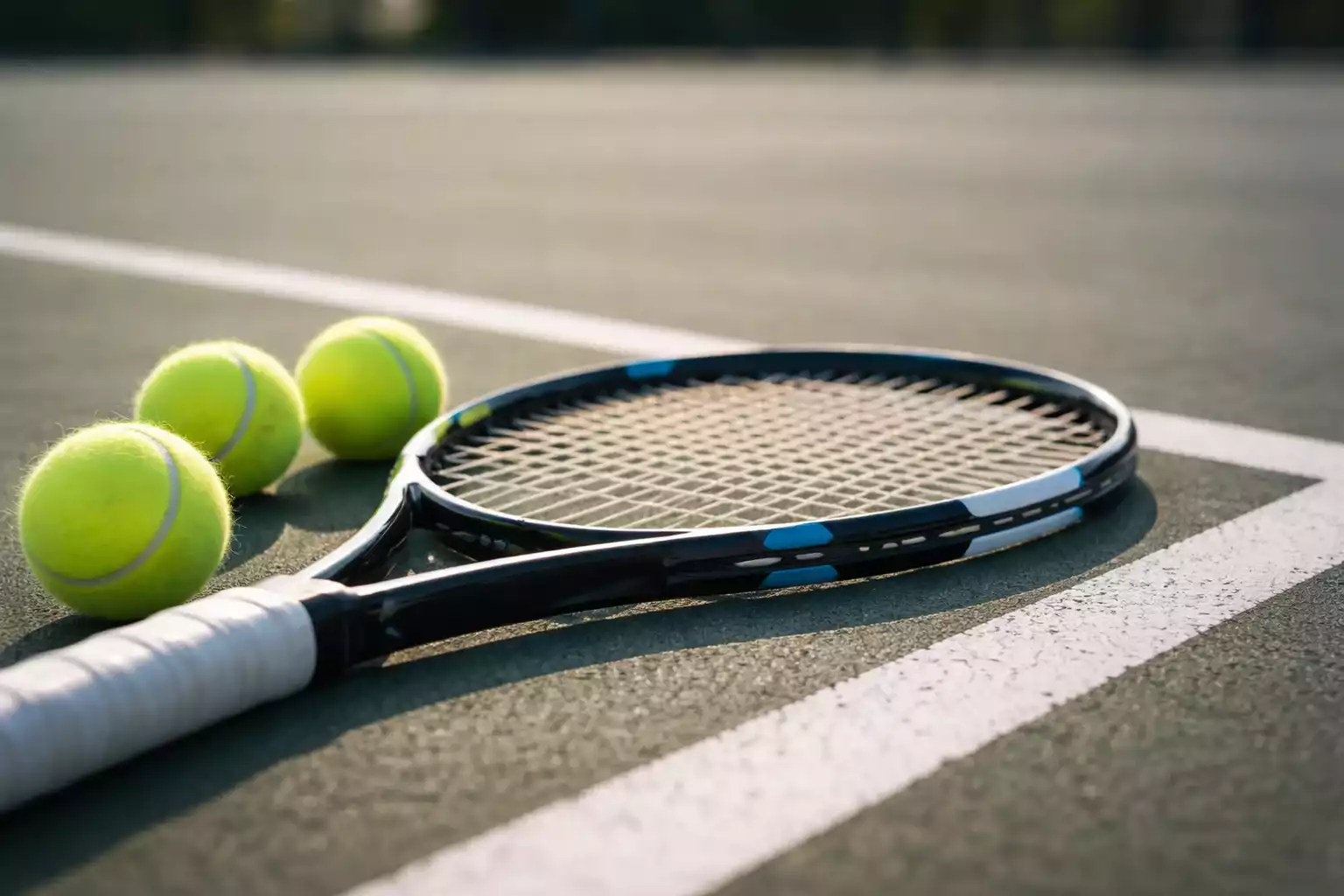 Tennis racket and balls on a court surface with scoreboard visible in background