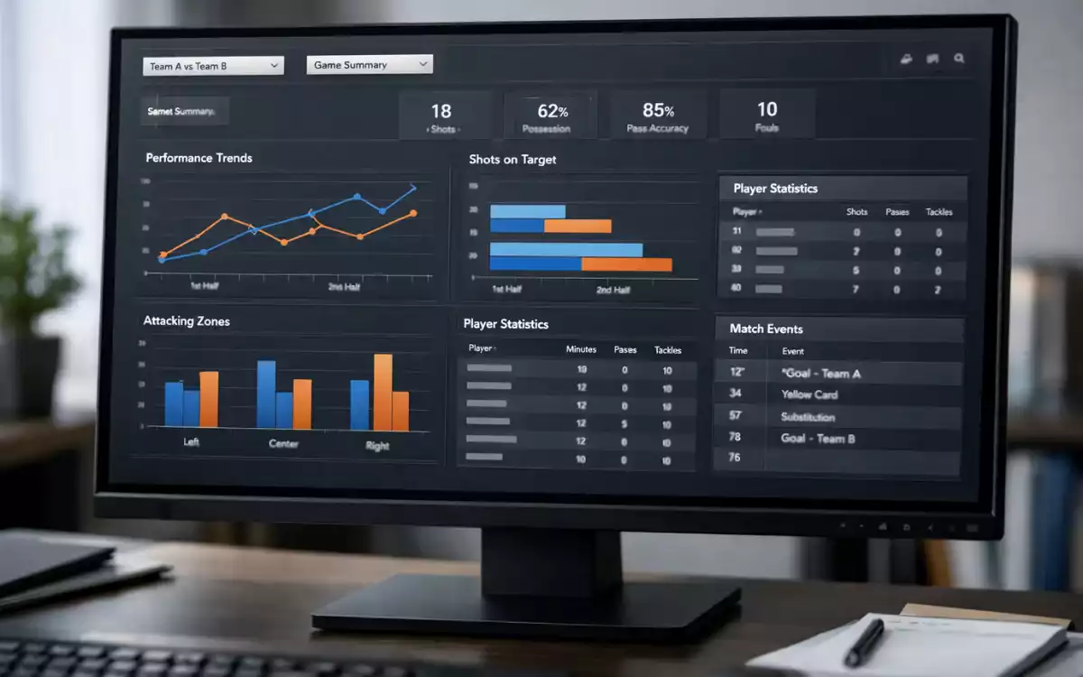 Sports data visualization on a computer screen showing statistics and performance metrics