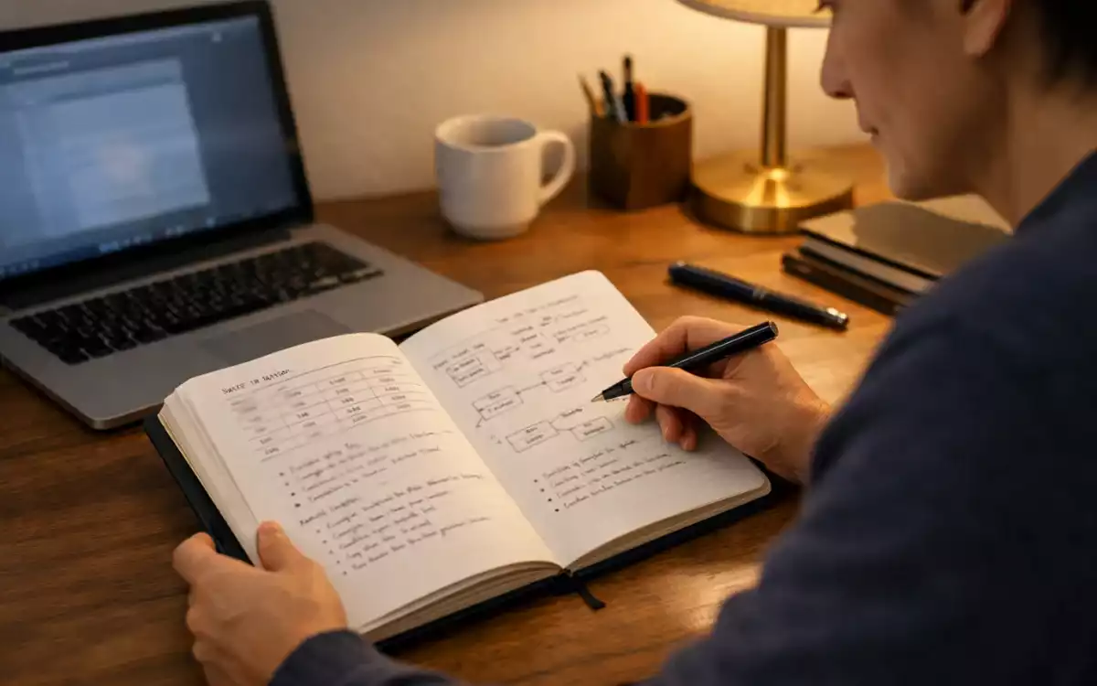 Person reviewing betting records in a notebook with a laptop nearby